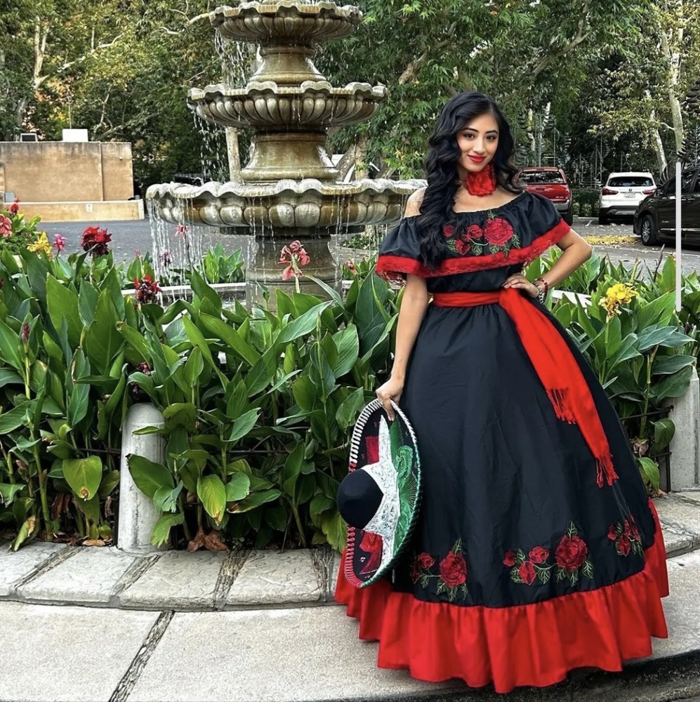 Chic Black and Red Floral Dress with Shawl